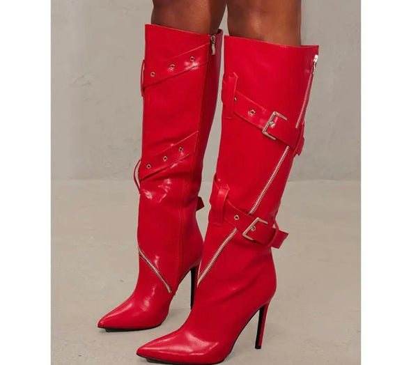 Women Pointed Toe Buckled Zipper Faux Leather Knee High Boots