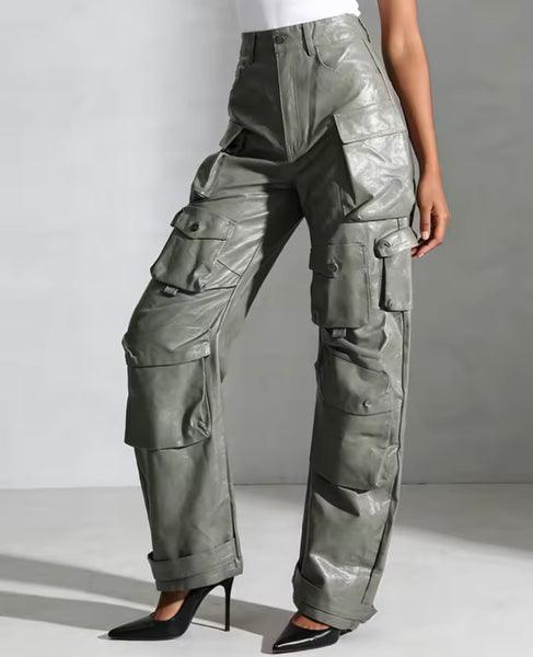 Women Fashion Faux Leather Cargo Pants