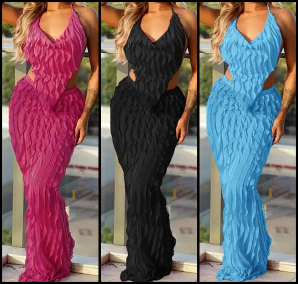 Women Sexy Halter Sleeveless Ruffled Mesh Two Piece Maxi Skirt Set