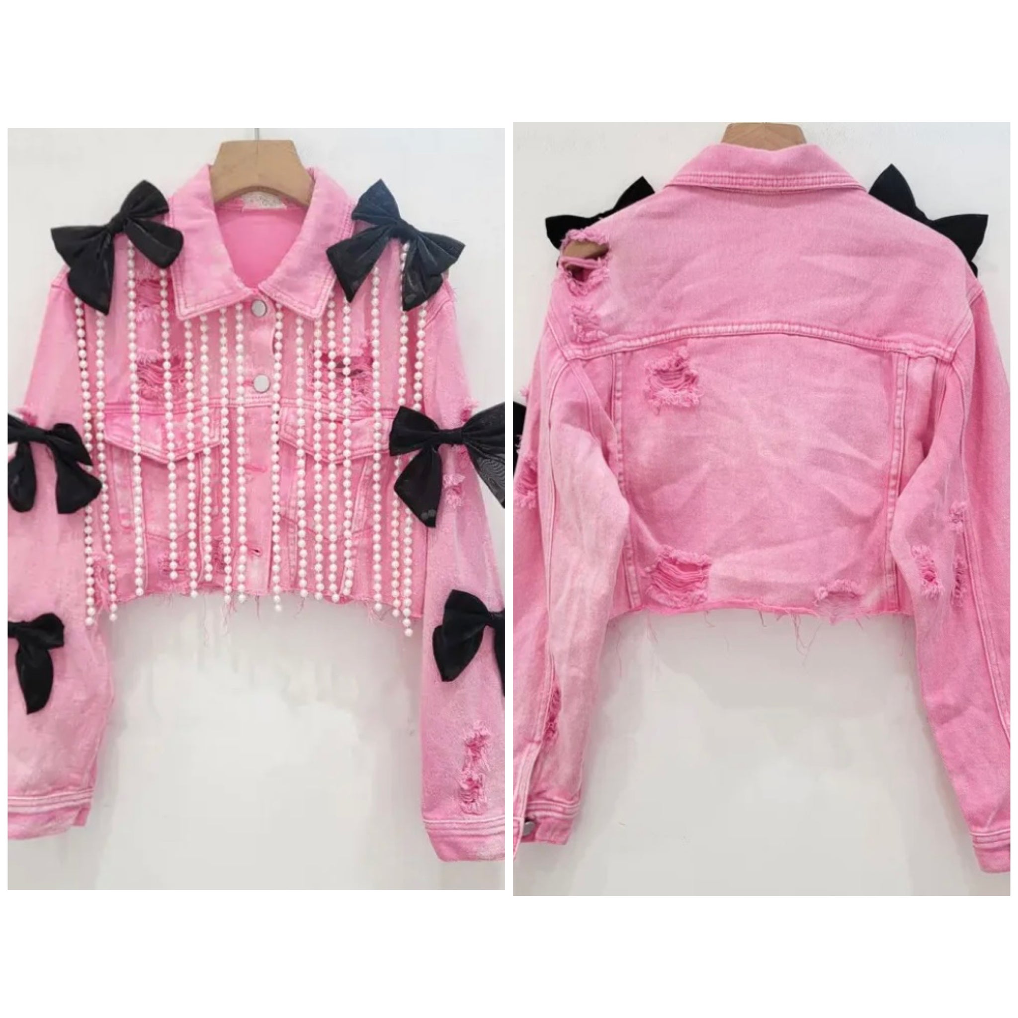 Women Pink Pearl Tassel Bow Ripped Fashion Denim Jacket