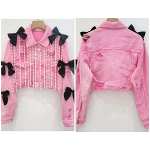 Women Pink Pearl Tassel Bow Ripped Fashion Denim Jacket