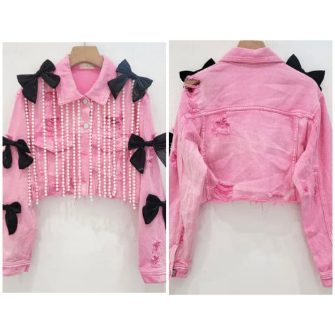 Women Pink Pearl Tassel Bow Ripped Fashion Denim Jacket