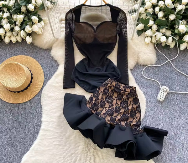 Women Sexy Lace Mesh Full Sleeve Ruffled Two Piece Skirt Set