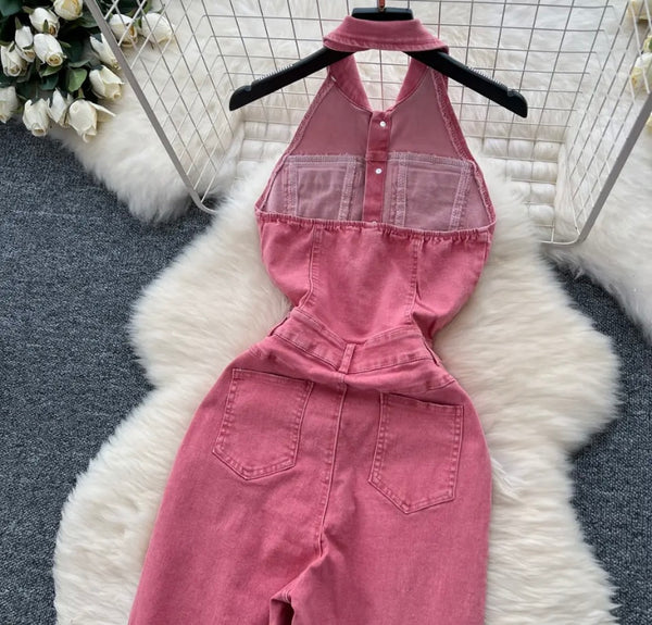 Women Sexy Fashion Pink Halter Sleeveless Denim Jumpsuit