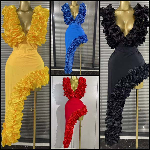 Women Sexy Ruffle Sleeveless Bodysuit Two Piece Asymmetrical Skirt Set