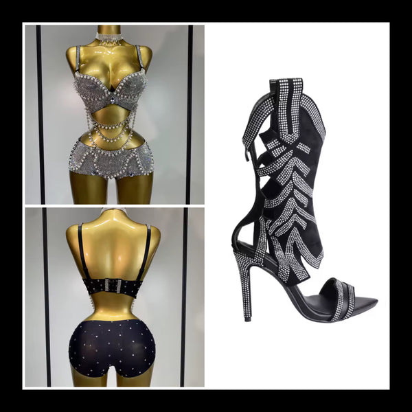 Women Fashion Open Toe Black Rhinestone High Heel Ankle Boots