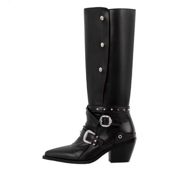 Women Fashion Black Buckled Button Knee High Western Boots