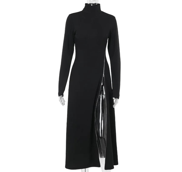 Women Sexy Black Side Zipper Full Sleeve Maxi Dress