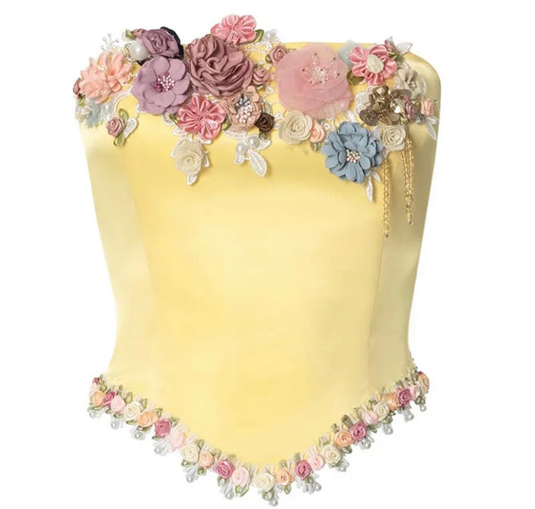 Women Sexy Yellow Floral Strapless Corset Top