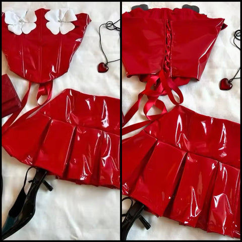 Women Sexy Strapless Floral Red PU Two Piece Pleated Skirt Set