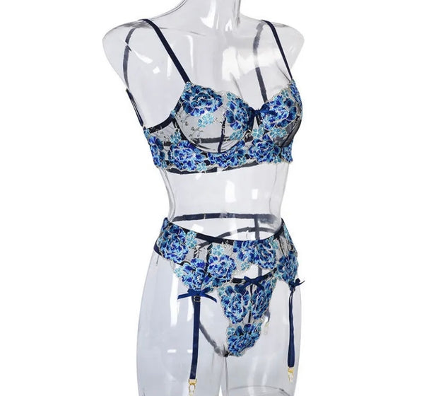 Women Sexy Blue Floral Mesh Lingerie Set