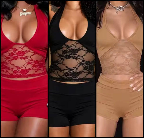 Women Sexy Halter Sleeveless Lace Patchwork Two Piece Short Set