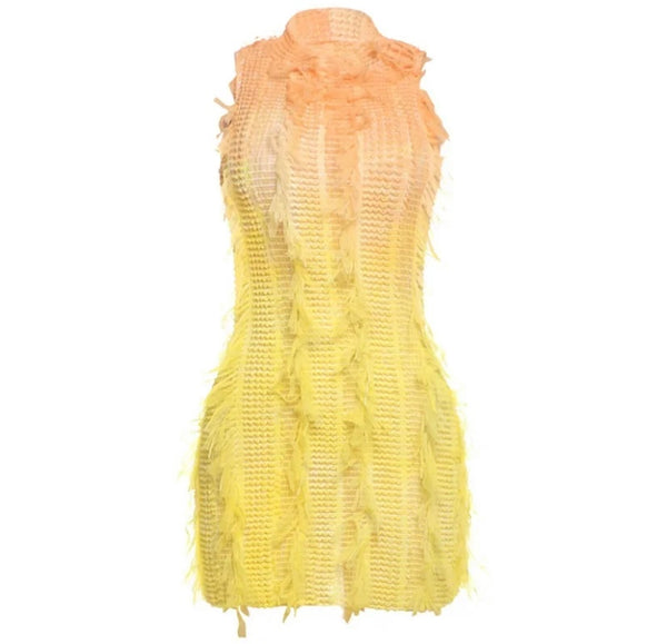 Women Sexy Sleeveless Yellow Gradient Fringe Dress