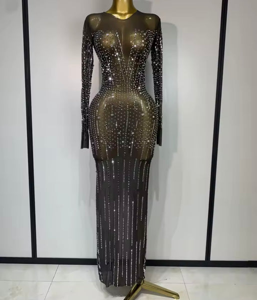 Women Sexy Black Rhinestone Full Sleeve Mesh Maxi Dress