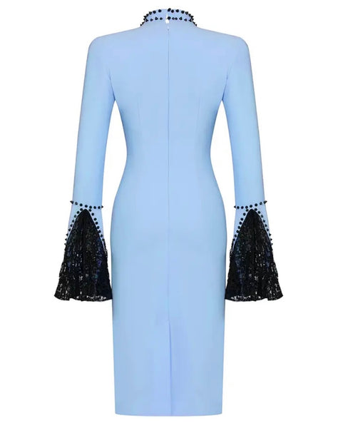 Women Blue Sexy Full Flare Sleeve Dress