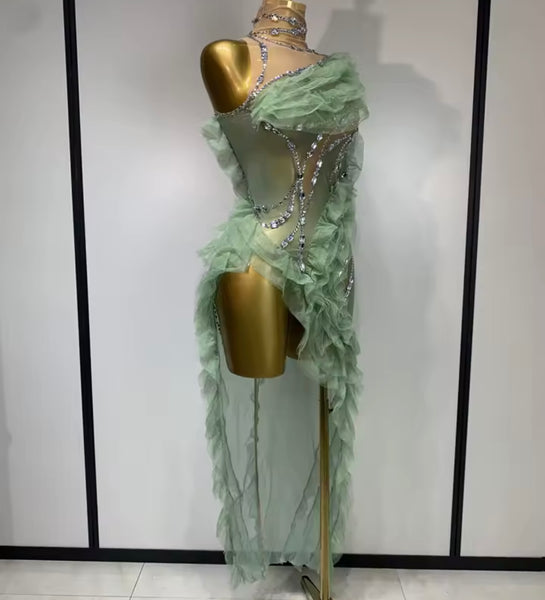 Women Green Ruffle Rhinestone One Shoulder Asymmetrical Dress