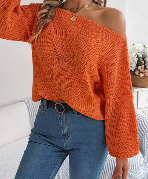 Women Color Off The Shoulder Full Sleeve Oversized Sweater Top
