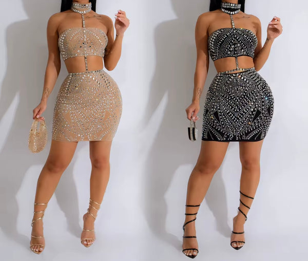 Women Sexy Choker Sleeveless Bling Mesh Two Piece Skirt Set