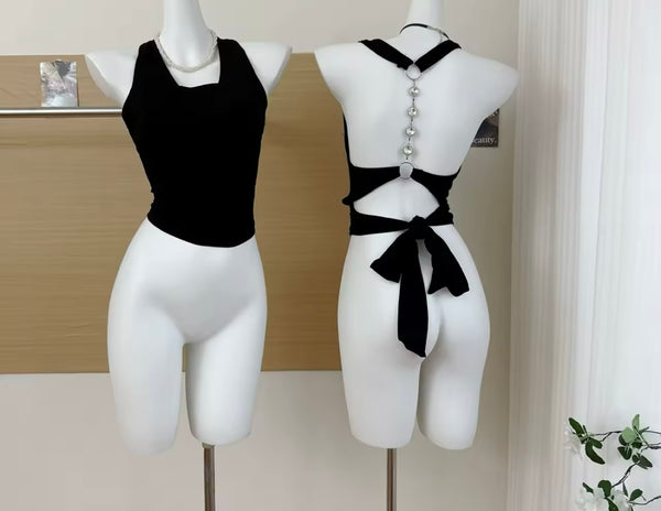 Women Fashion Sleeveless Black Open Back Tie Up Crop Top