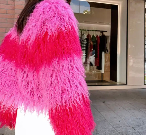 Women Fashion Pink Color Patchwork Faux Fur Jacket