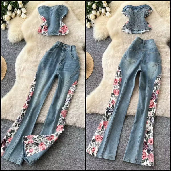 Women Strapless Floral Patchwork Denim Two Piece Pant Set
