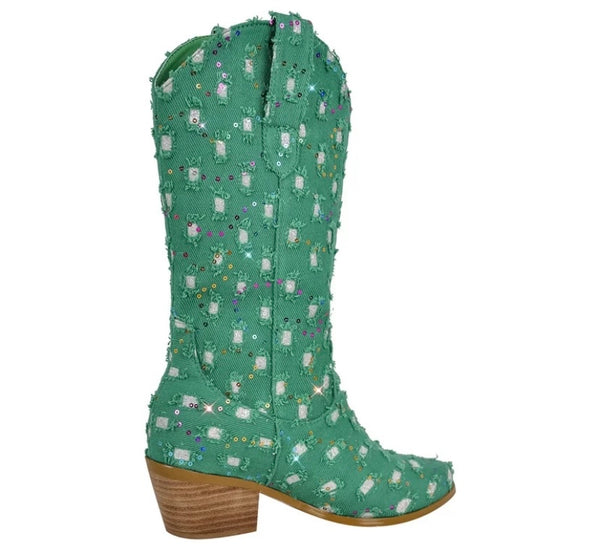 Women Fashion Sequins Denim Western Mid-Calf Boots