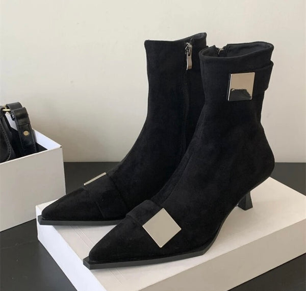 Women Black Pointed Toe Buckled Fashion Ankle Boots
