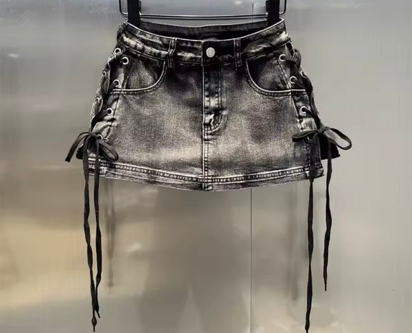 Women Sexy Fashion Side Tie Up Denim Skirt