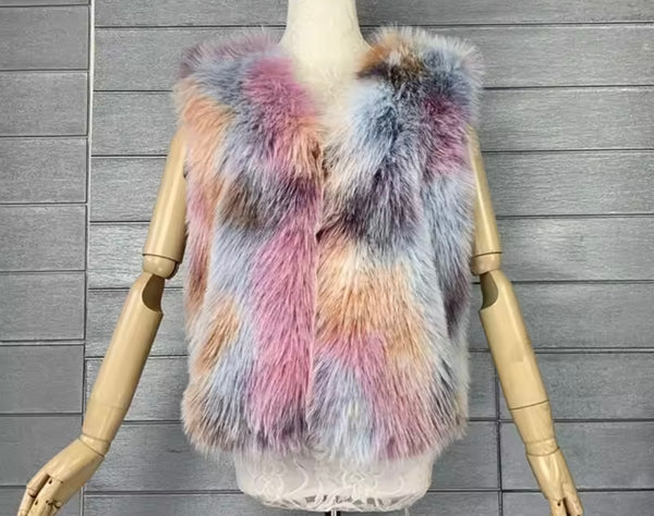Women Multicolored Faux Fur Fashion Vest Jacket