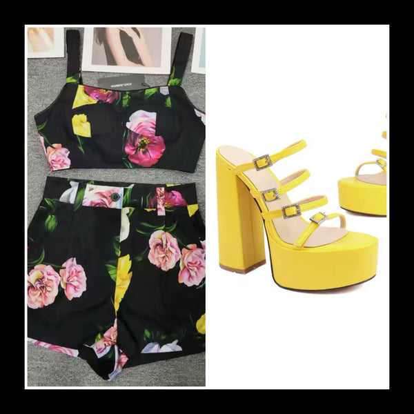 Women Black Floral Print Fashion Two Piece Short Set