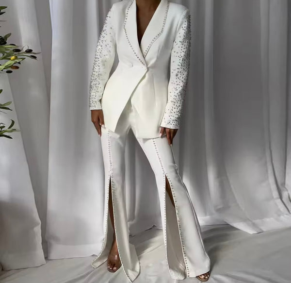 Women White Rhinestone Button Up Blazer Two Piece Split Pant Set