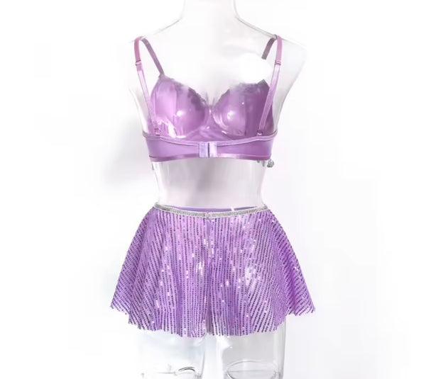 Women Sexy Purple Tassel Three Piece Lingerie Set