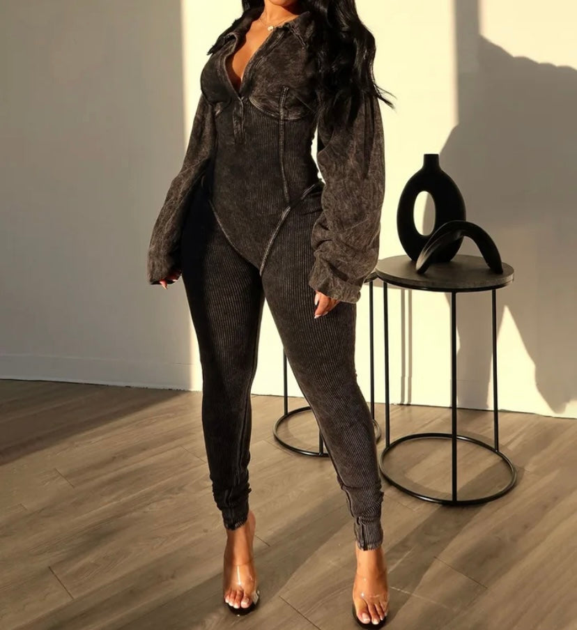 Women Solid Color Fashion Front Zipper Full Sleeve Jumpsuit