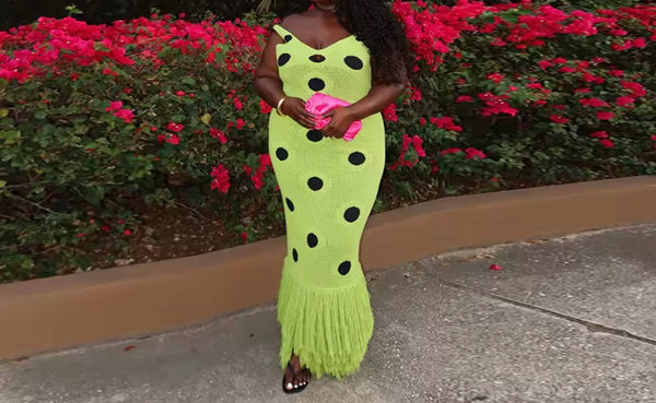 Women Sexy Sleeveless Green Polka Dot Knitted Fringe Maxi Dress