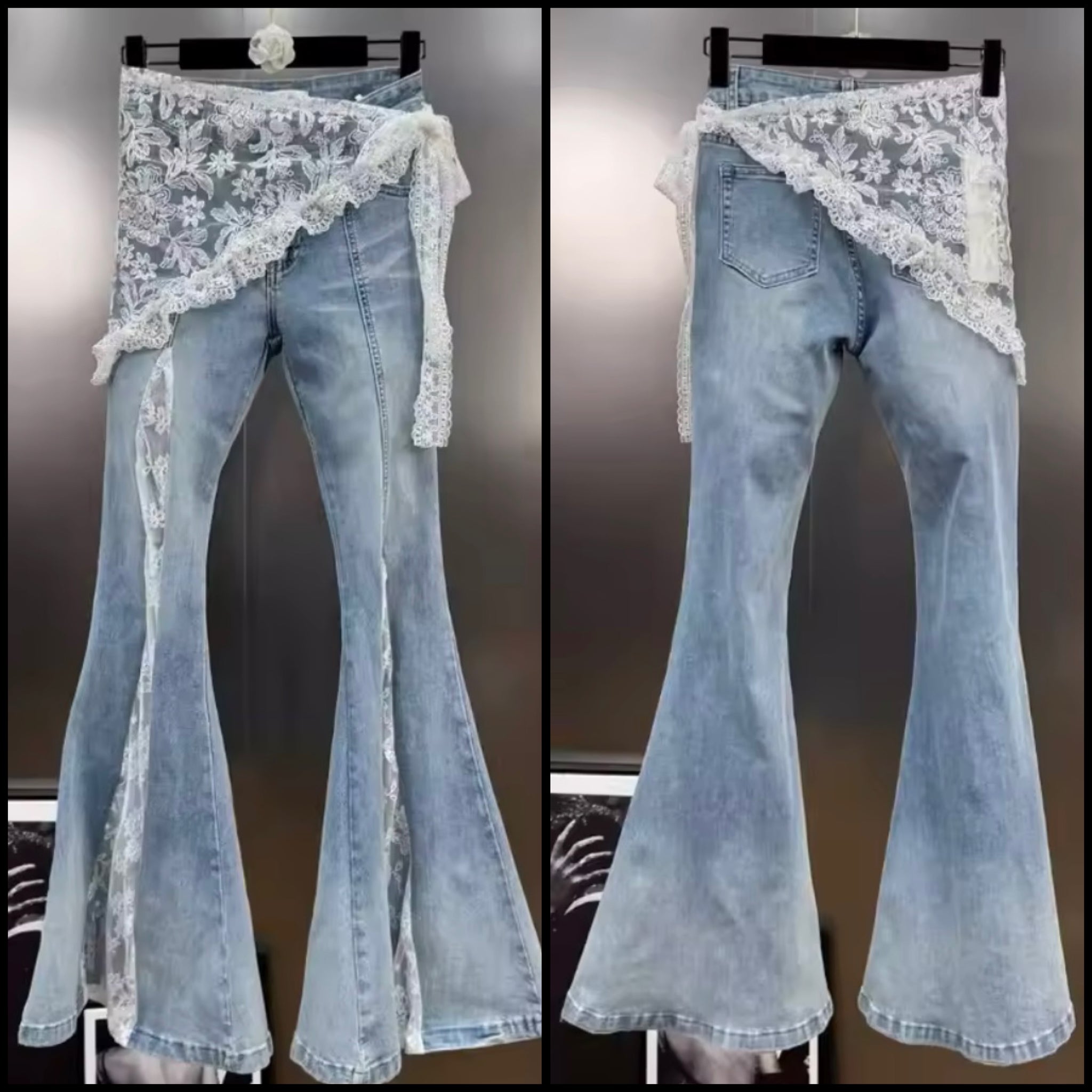 Women Fashion Blue Denim Lace Patchwork Pants