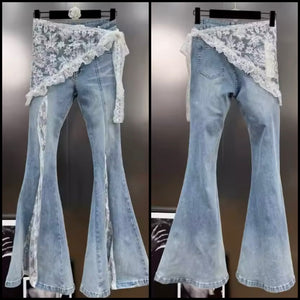 Women Fashion Blue Denim Lace Patchwork Pants