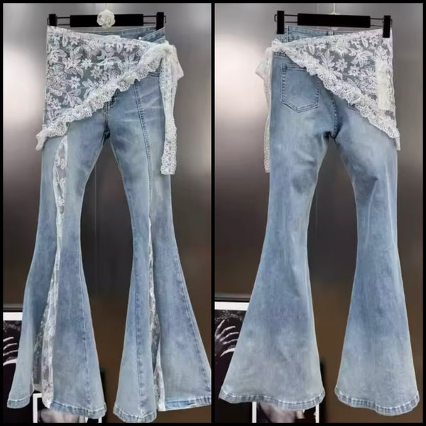 Women Fashion Blue Denim Lace Patchwork Pants