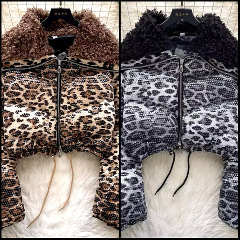 Women Fashion Animal Print Sequins Puff Jacket