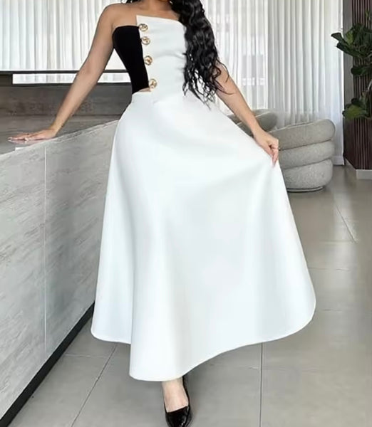 Women Sexy Button Up Strapless Color Patchwork Two Piece Maxi Skirt Set