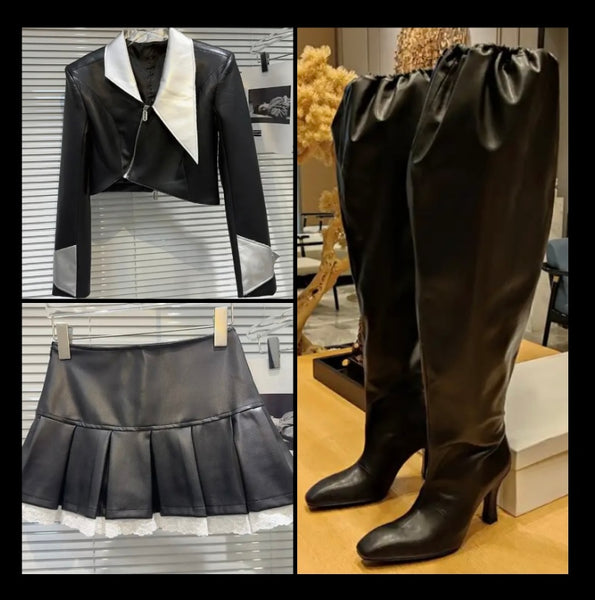 Women Sexy Fashion Faux Leather Lace Patchwork Pleated Skirt