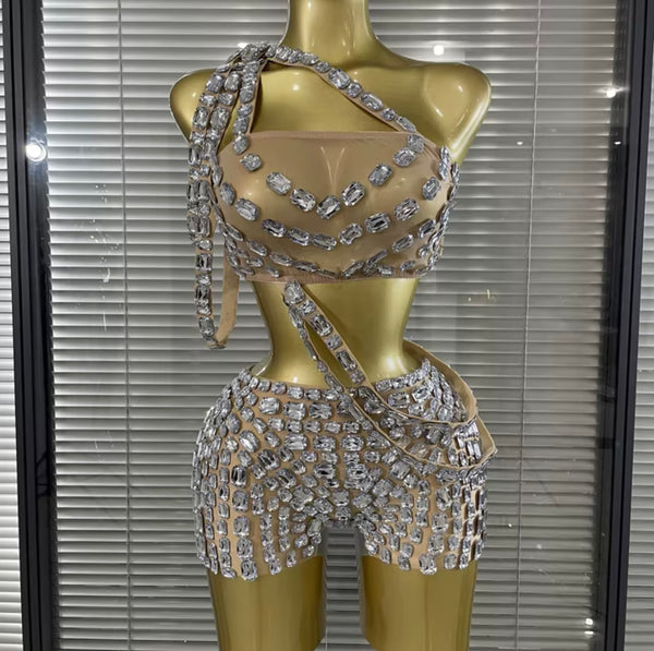 Women One Shoulder Sleeveless Rhinestone PU Mesh Two Piece Short Set