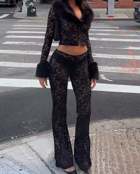 Women Sexy Black Faux Fur Full Sleeve Lace Two Piece Pant Set
