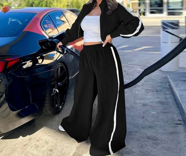 Women Fashion Color Striped Tracksuit Two Piece Crop Pant Set