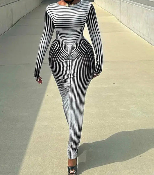 Women Sexy Fashion B&W Striped Full Sleeve Maxi Dress