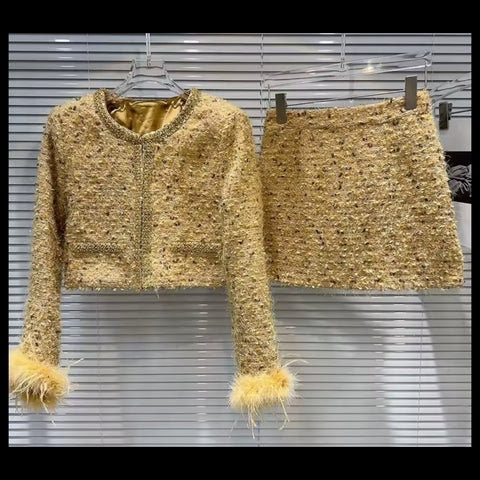 Women Fashion Gold Sequins Feather Full Sleeve Two Piece Tweed Skirt Set