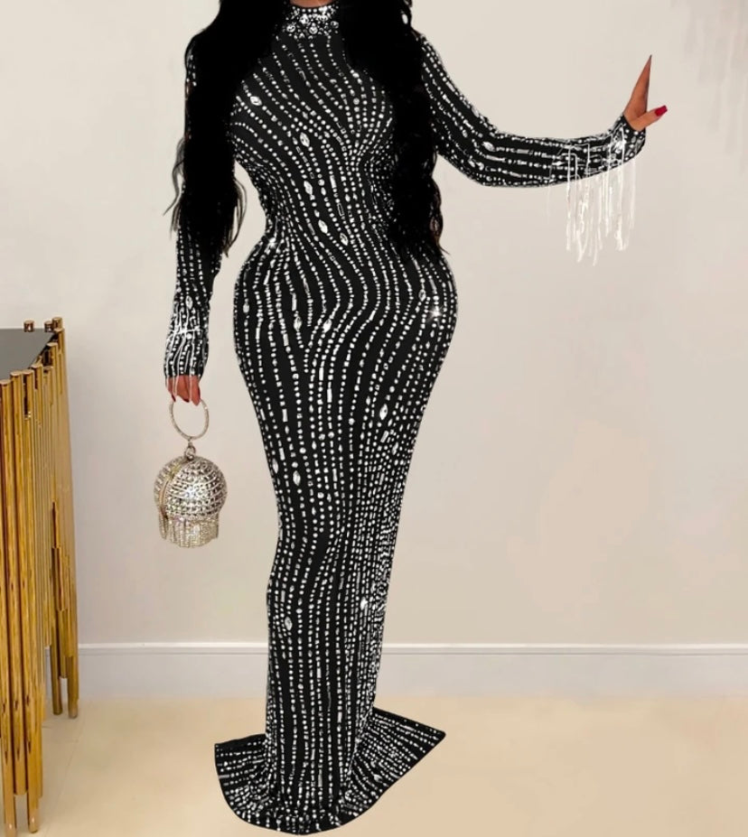 Women Sexy Mesh Bling Full Sleeve Maxi Dress