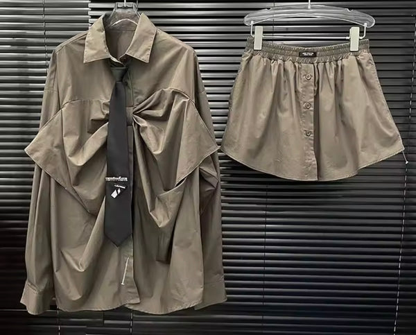 Women Fashion Bow Button Up Tie Full Sleeve Two Piece Skirt Set