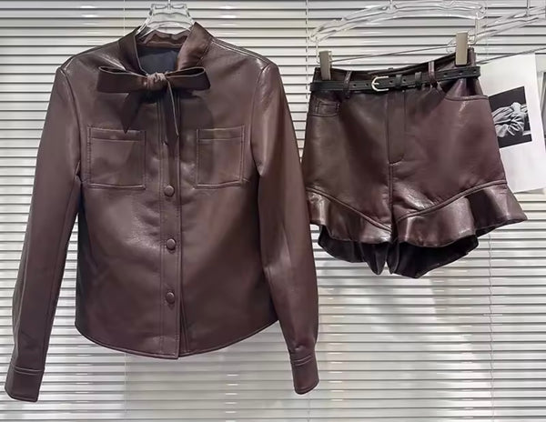 Women Brown Bow Button Up Full Sleeve Two Sleeve Ruffled Short Set