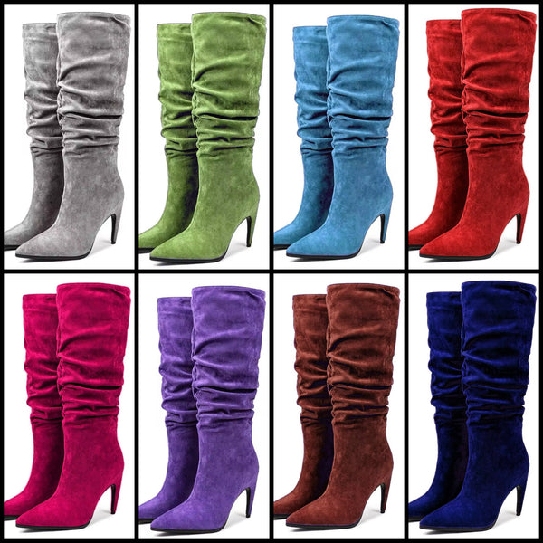 Women Fashion Ruched Suede Knee High Boots