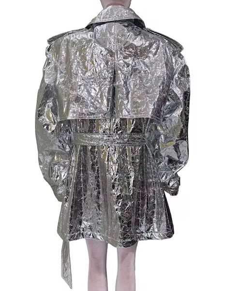 Women Silver Metallic Fashion Trench Jacket